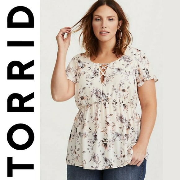 torrid Tops - Torrid Floral Blush Pink Babydoll Short Sleeve Top
